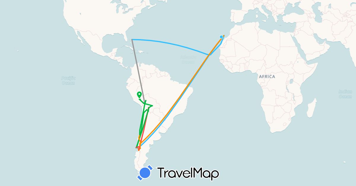 TravelMap itinerary: bus, plane, hiking, boat, hitchhiking in Argentina, Bolivia, Bahamas, Chile, Cape Verde, Spain, Morocco, Peru (Africa, Europe, North America, South America)
